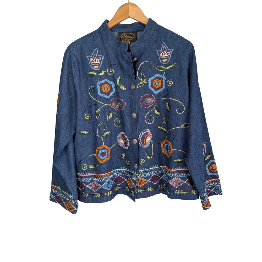 Alex Kim Womens Blue‎ Denim Embroidered Floral Jacket Boho Cotton Large Festival